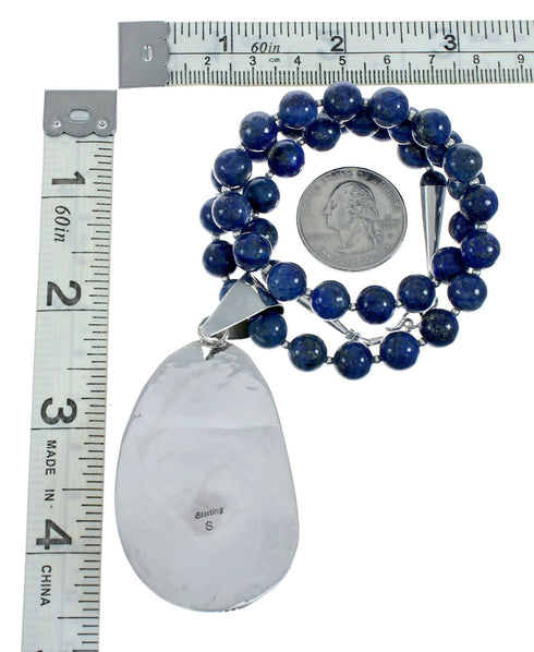 Native American Sterling Silver And Lapis Navajo Bead Pendant Necklace Set X10692
